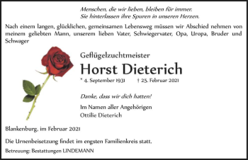 Traueranzeige von Horst Dieterich  von Magdeburger Volksstimme