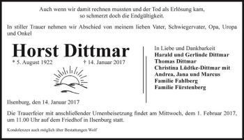 Traueranzeige von Horst Dittmar  von Magdeburger Volksstimme