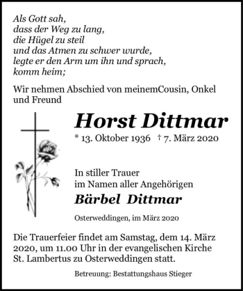 Traueranzeige von Horst Dittmar  von Magdeburger Volksstimme