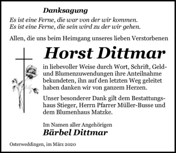 Traueranzeige von Horst Dittmar  von Magdeburger Volksstimme