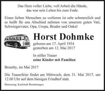 Traueranzeige von Horst Dohmke  von Magdeburger Volksstimme
