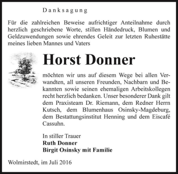 Traueranzeige von Horst Donner  von Magdeburger Volksstimme