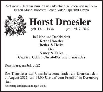 Traueranzeige von Horst Droesler  von Magdeburger Volksstimme