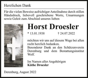 Traueranzeige von Horst Droesler  von Magdeburger Volksstimme