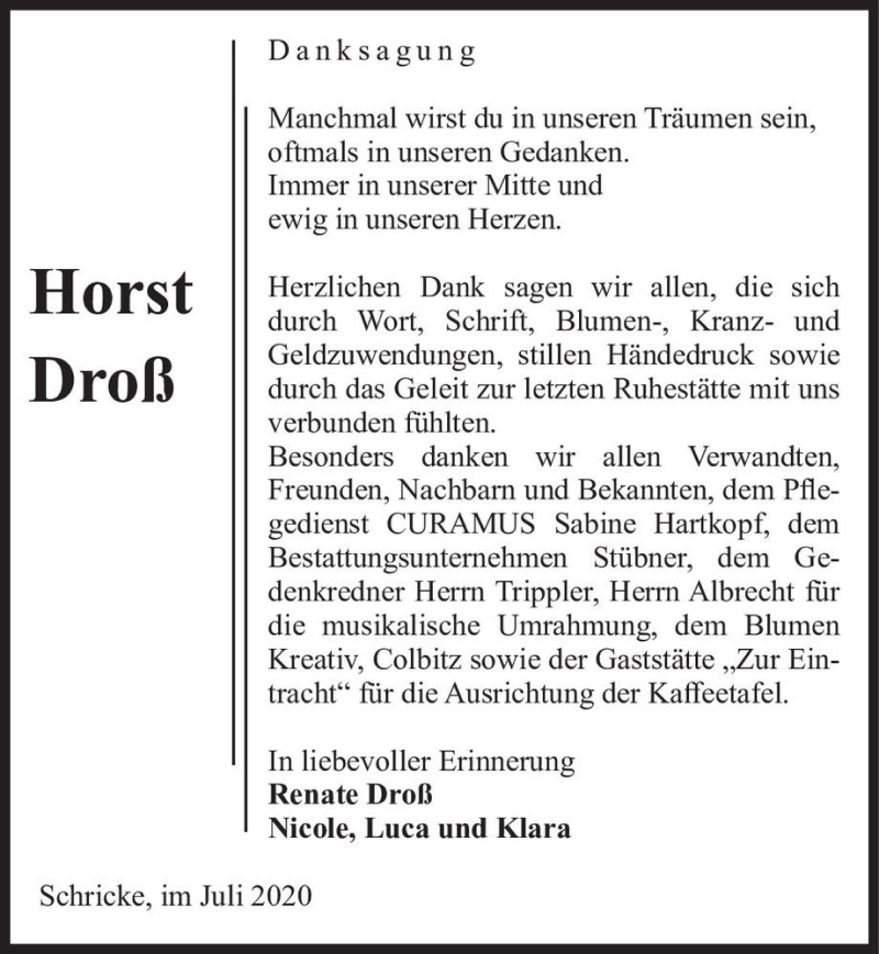  Traueranzeige für Horst Droß  vom 25.07.2020 aus Magdeburger Volksstimme