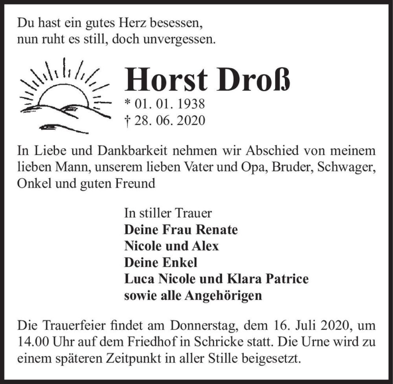  Traueranzeige für Horst Droß  vom 11.07.2020 aus Magdeburger Volksstimme