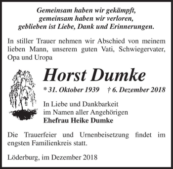 Traueranzeige von Horst Dumke  von Magdeburger Volksstimme