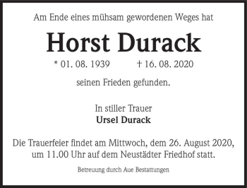 Traueranzeige von Horst Durack  von Magdeburger Volksstimme