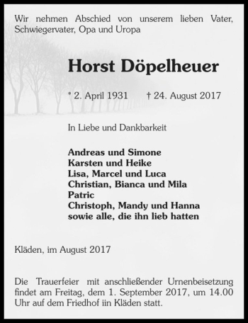 Traueranzeige von Horst Döpelheuer  von Magdeburger Volksstimme