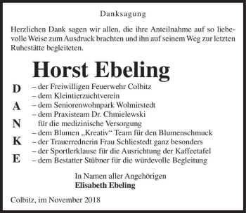 Traueranzeige von Horst Ebeling  von Magdeburger Volksstimme