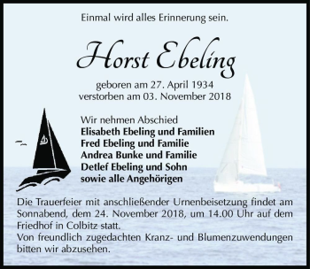 Traueranzeige von Horst Ebeling  von Magdeburger Volksstimme