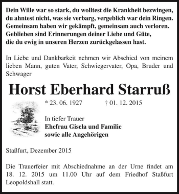 Traueranzeige von Horst Eberhard Starruß  von Magdeburger Volksstimme