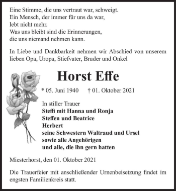 Traueranzeige von Horst Effe  von Magdeburger Volksstimme