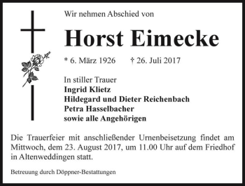 Traueranzeige von Horst Eimecke  von Magdeburger Volksstimme