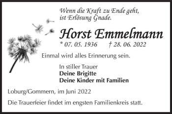 Traueranzeige von Horst Emmelmann  von Magdeburger Volksstimme