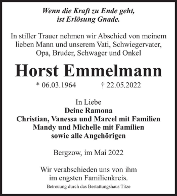 Traueranzeige von Horst Emmelmann  von Magdeburger Volksstimme