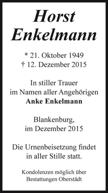 Traueranzeige von Horst Enkelmann  von Magdeburger Volksstimme