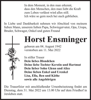 Traueranzeige von Horst Ensminger  von Magdeburger Volksstimme