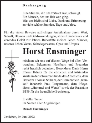 Traueranzeige von Horst Ensminger  von Magdeburger Volksstimme