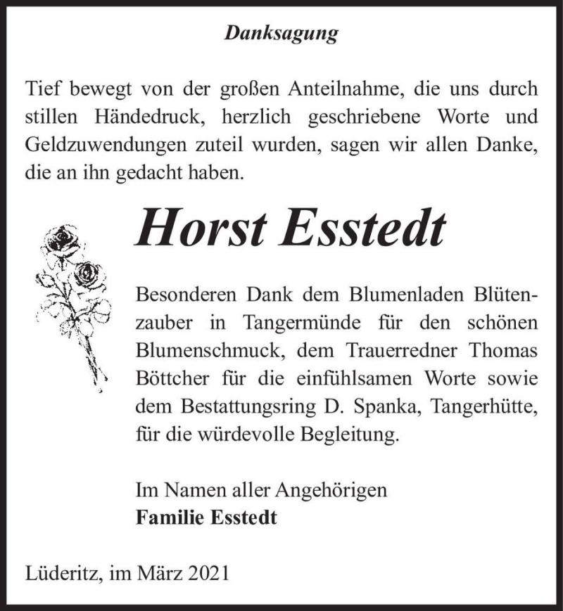  Traueranzeige für Horst Esstedt  vom 03.04.2021 aus Magdeburger Volksstimme