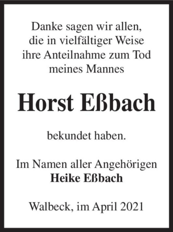 Traueranzeige von Horst Eßbach  von Magdeburger Volksstimme