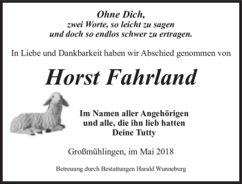 Traueranzeige von Horst Fahrland  von Magdeburger Volksstimme