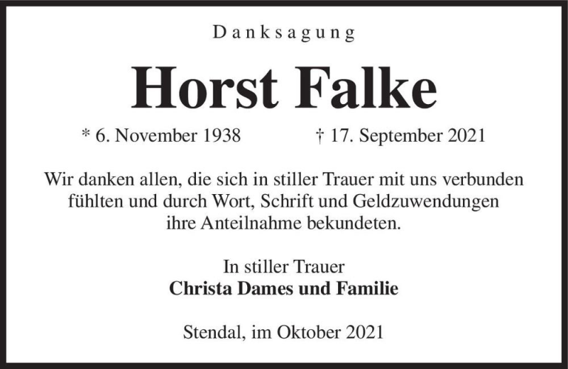  Traueranzeige für Horst Falke  vom 16.10.2021 aus Magdeburger Volksstimme