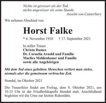 Traueranzeige von Horst Falke  von Magdeburger Volksstimme