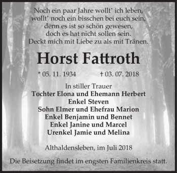 Traueranzeige von Horst Fattroth  von Magdeburger Volksstimme