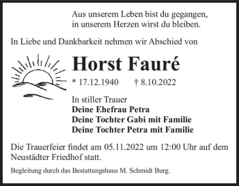Traueranzeige von Horst Fauré  von Magdeburger Volksstimme