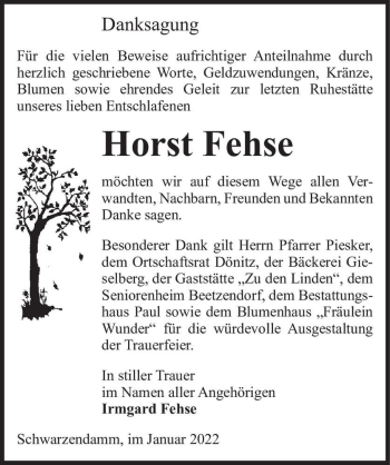 Traueranzeige von Horst Fehse  von Magdeburger Volksstimme