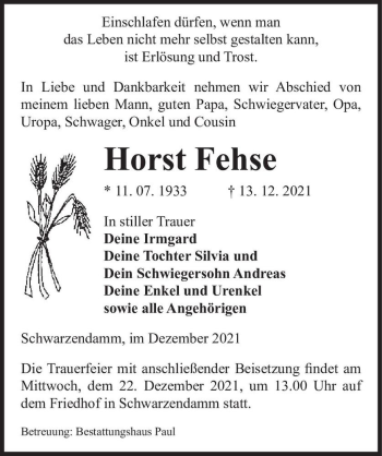 Traueranzeige von Horst Fehse  von Magdeburger Volksstimme