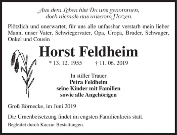 Traueranzeige von Horst Feldheim  von Magdeburger Volksstimme
