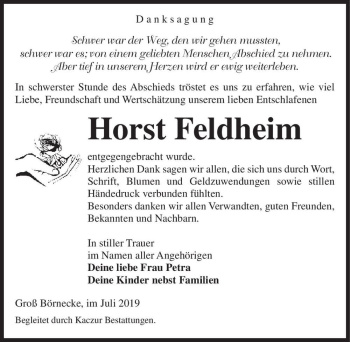 Traueranzeige von Horst Feldheim  von Magdeburger Volksstimme