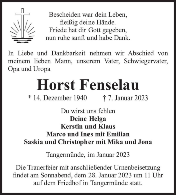 Traueranzeige von Horst Fenselau  von Magdeburger Volksstimme
