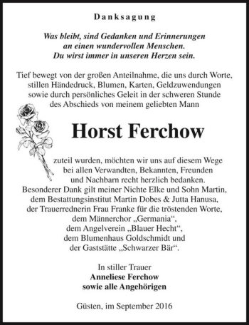 Traueranzeige von Horst Ferchow  von Magdeburger Volksstimme