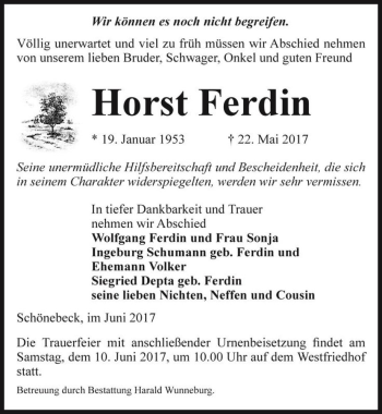 Traueranzeige von Horst Ferdin  von Magdeburger Volksstimme