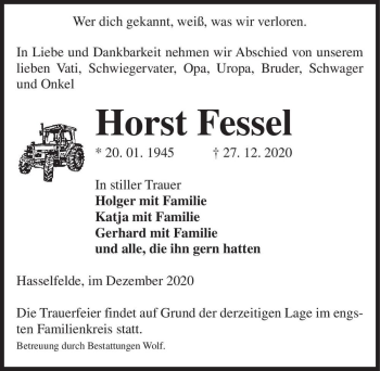 Traueranzeige von Horst Fessel  von Magdeburger Volksstimme