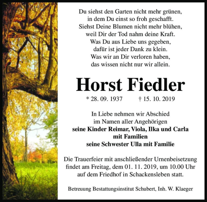  Traueranzeige für Horst Fiedler  vom 26.10.2019 aus Magdeburger Volksstimme
