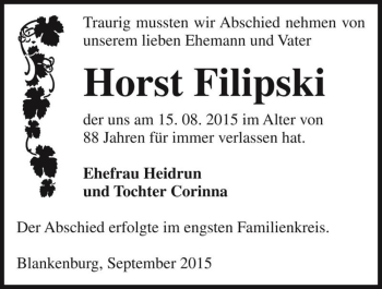 Traueranzeige von Horst Filipski  von Magdeburger Volksstimme
