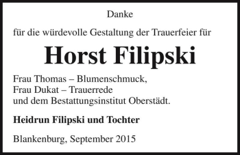 Traueranzeige von Horst Filipski  von Magdeburger Volksstimme
