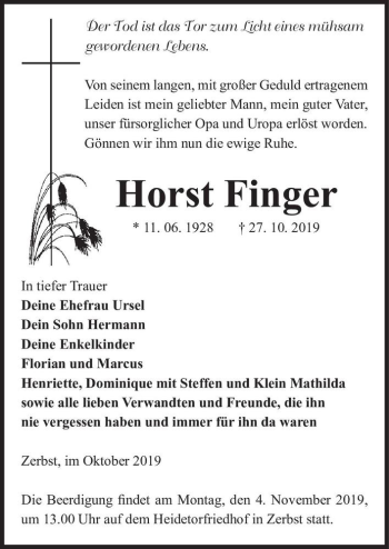 Traueranzeige von Horst Finger  von Magdeburger Volksstimme