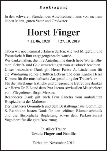Traueranzeige von Horst Finger  von Magdeburger Volksstimme