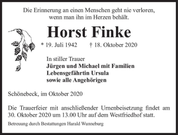 Traueranzeige von Horst Finke  von Magdeburger Volksstimme