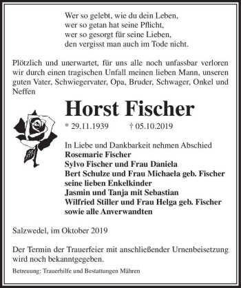 Traueranzeige von Horst Fischer  von Magdeburger Volksstimme