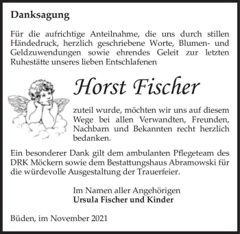 Traueranzeige von Horst Fischer  von Magdeburger Volksstimme