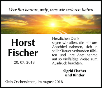 Traueranzeige von Horst Fischer  von Magdeburger Volksstimme