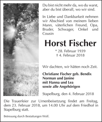 Traueranzeige von Horst Fischer  von Magdeburger Volksstimme