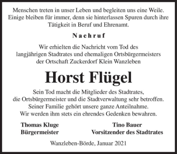 Traueranzeige von Horst Flügel  von Magdeburger Volksstimme