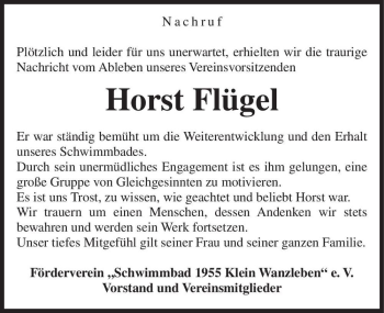 Traueranzeige von Horst Flügel  von Magdeburger Volksstimme
